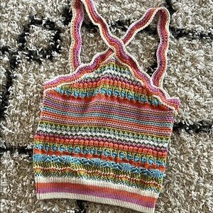(19) Zara Pink and Green Smocked Ribbed Tank Top